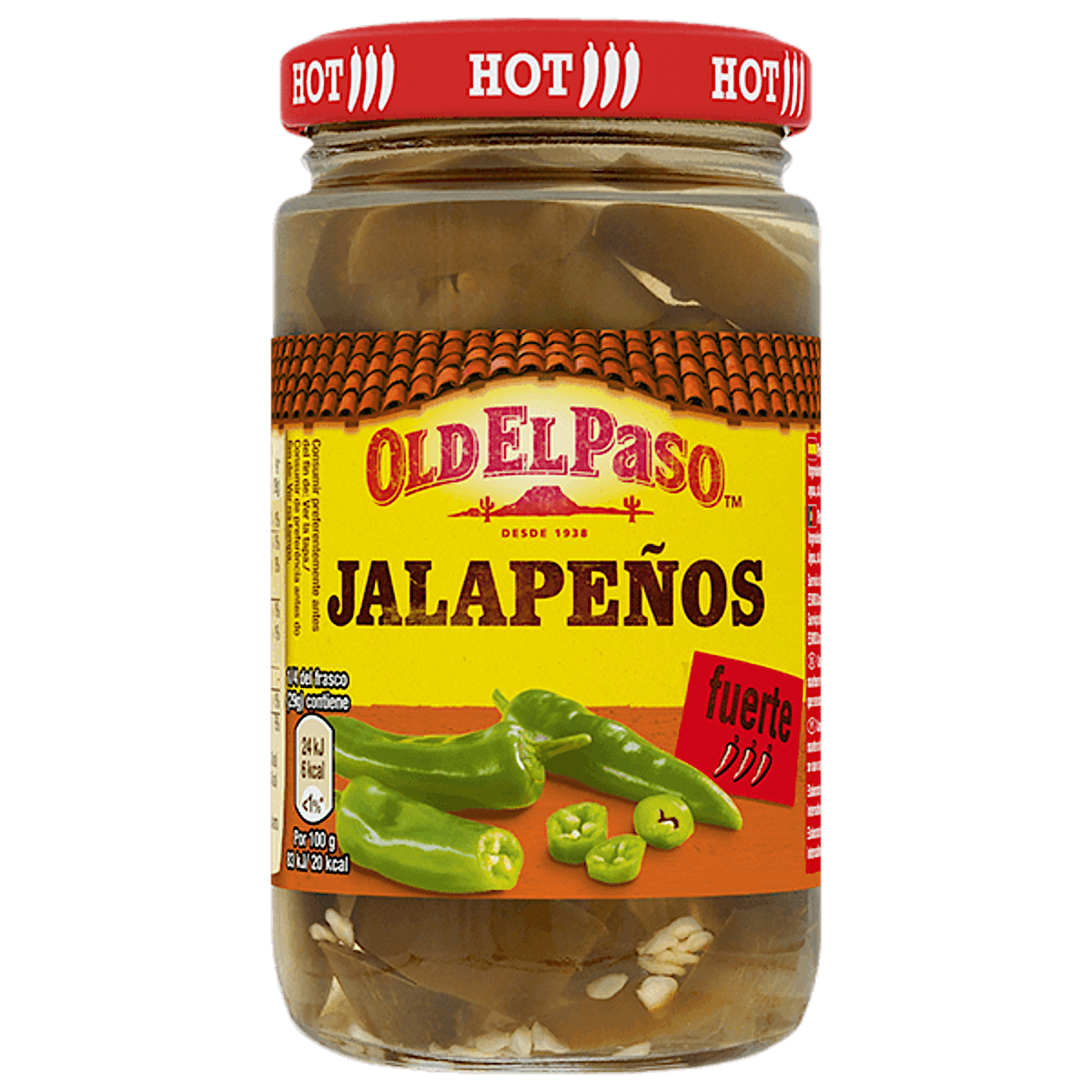 un frasco de vidrio de jalapeños Old el paso fuerte